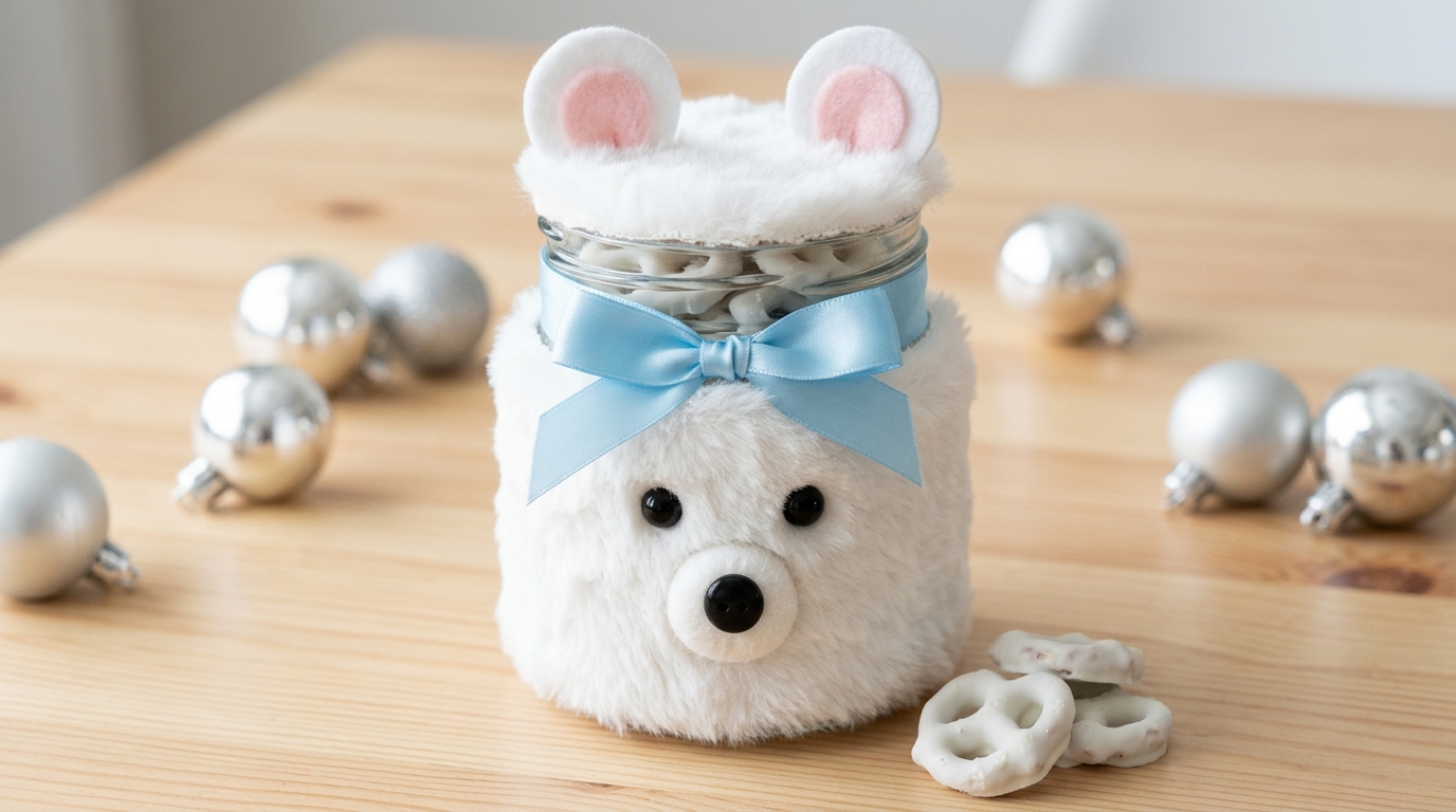 White faux fur polar bear jar with felt ears and a blue ribbon, filled with pretzels