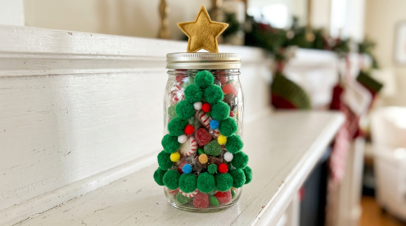 Christmas treat jars covered in green pom poms like a little tree with a gold star lid