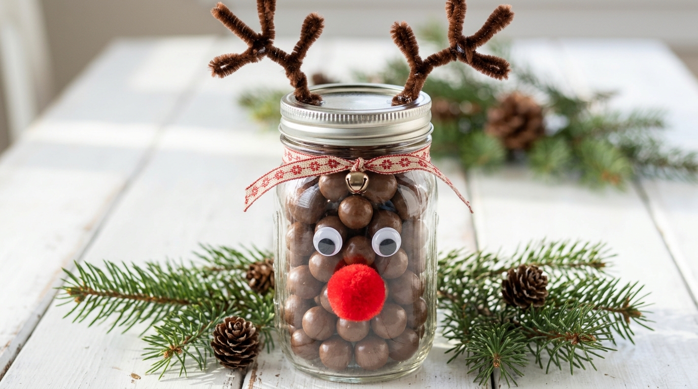 Jar of chocolate candies with googly eyes, a red pom pom nose and brown pipe cleaner antlers