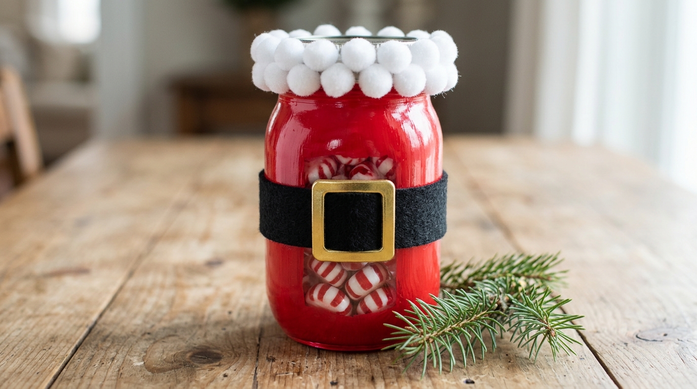 Red painted jar with a black belt, gold buckle and white pom pom trim filled with peppermints