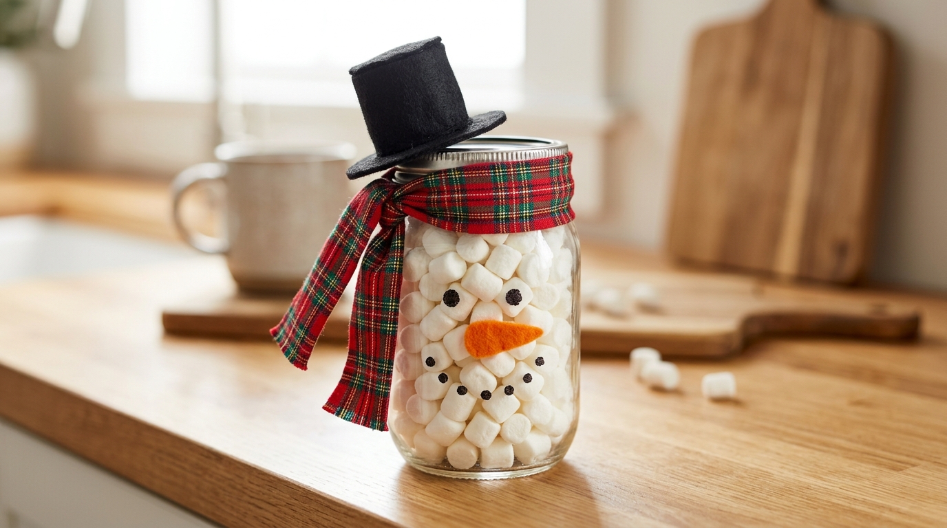 Christmas treat jars idea: a snowman jar filled with marshmallows with a plaid scarf and felt top hat