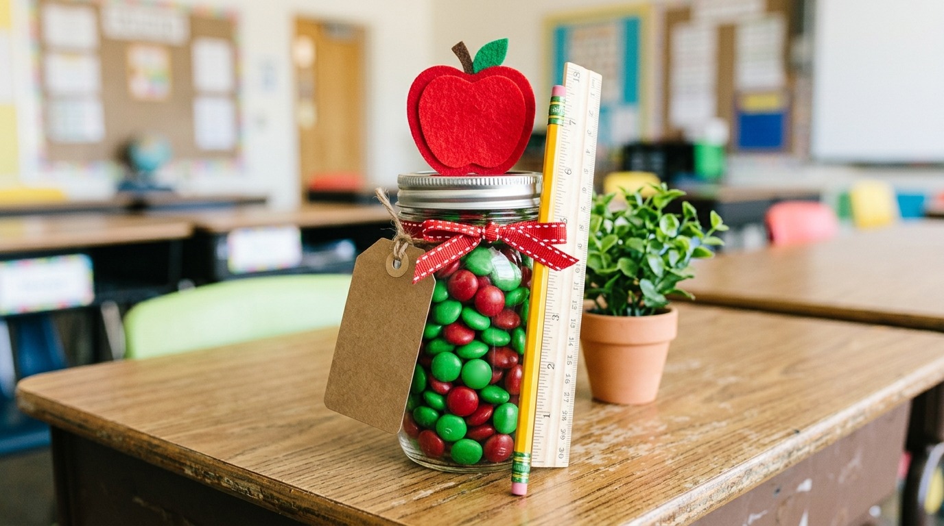 Teacher Christmas treat jars with a felt apple lid, ruler and pencil on a school desk