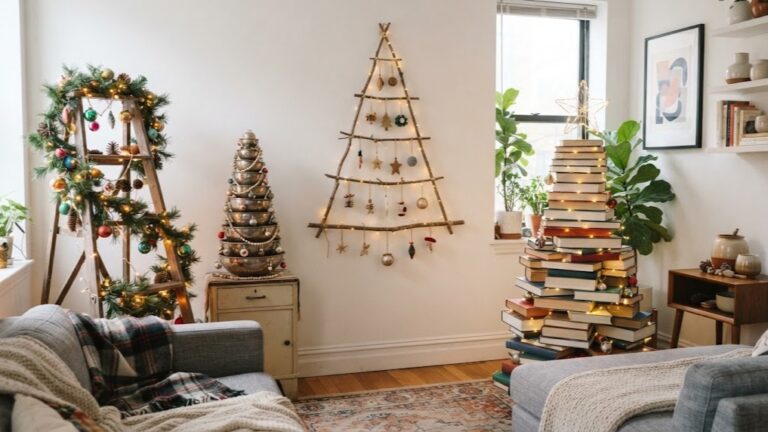 Christmas tree alternatives in a small apartment: a ladder tree, silver bowl tree, branch wall tree and book stack tree