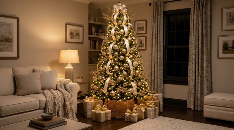 Christmas tree hacks: tall tree with cascading cream and gold ribbon in a cozy living room