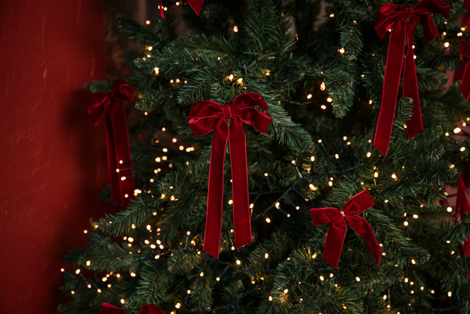 Christmas tree decorated with red velvet bows and warm white lights