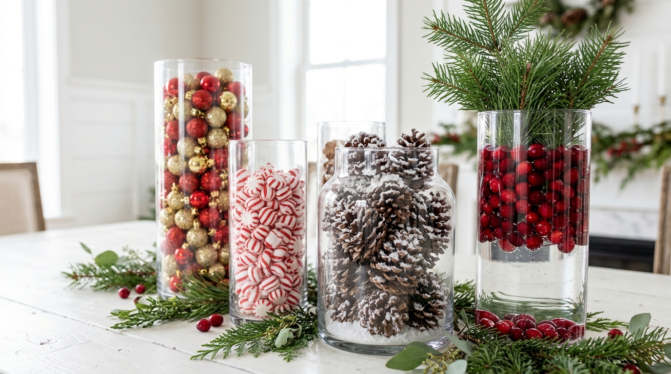 Christmas vase fillers in four clear glass vases with red and gold ornaments, peppermints, snowy pine cones and cranberries on a white table