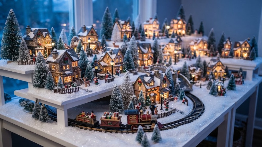 Christmas village display with snowy tiered platforms, little lit houses, bottle brush trees and a toy train