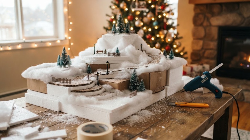 White foam board risers and boxes stacked into tiers on a table, partly covered with batting snow