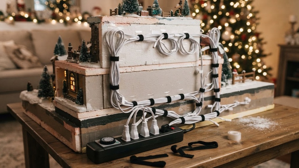 The back of a Christmas village display with neat bundled cords and a power strip with a timer