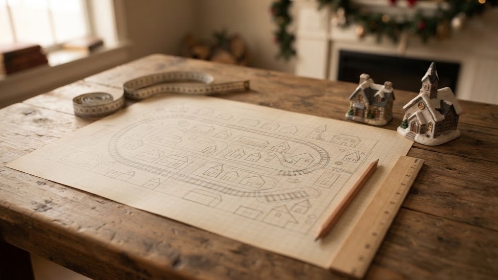 Christmas village display plan sketched in pencil on graph paper with a ruler and two small village houses