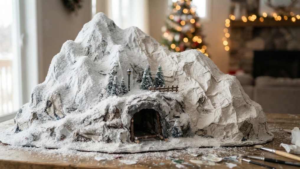 Christmas village display mountain made from crumpled newspaper and white plaster cloth with a tunnel