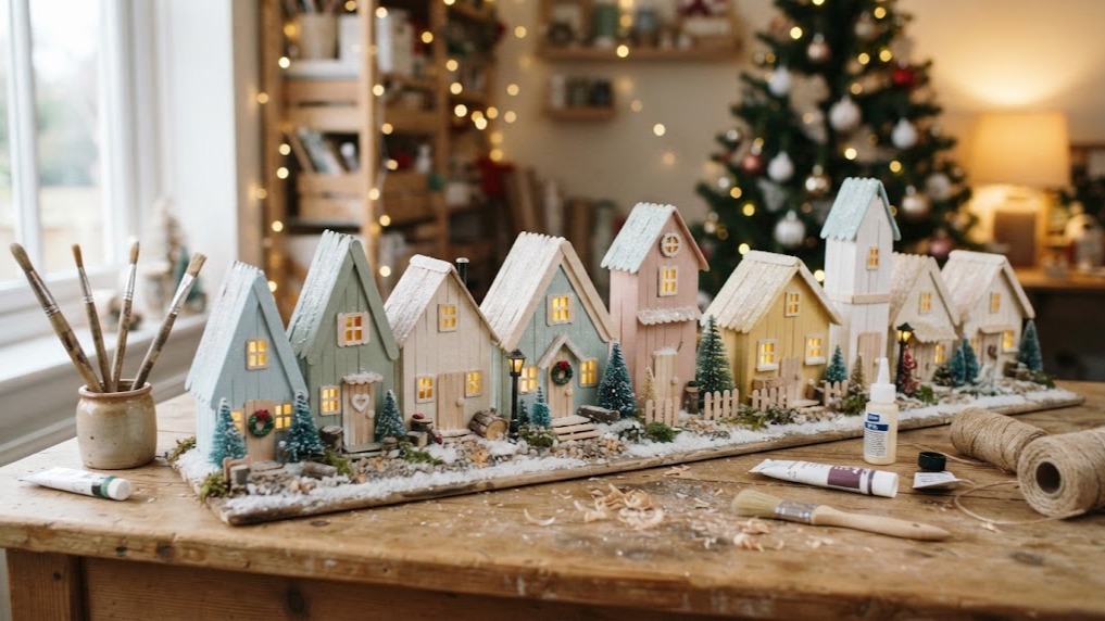 Tiny handmade Christmas village houses built from popsicle sticks painted in soft colors with snowy roofs