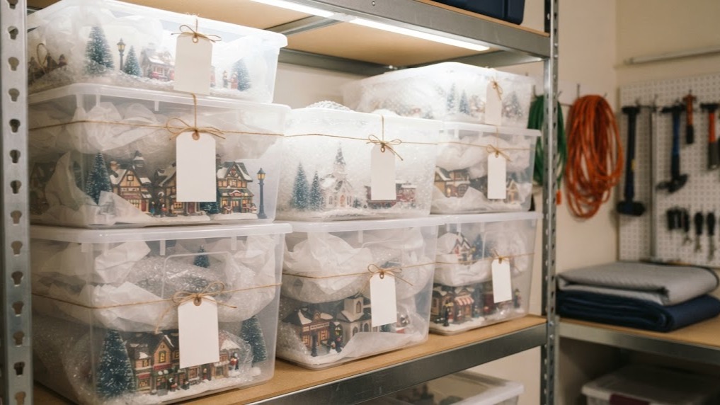 Christmas village display houses wrapped in tissue in clear plastic bins on garage shelves