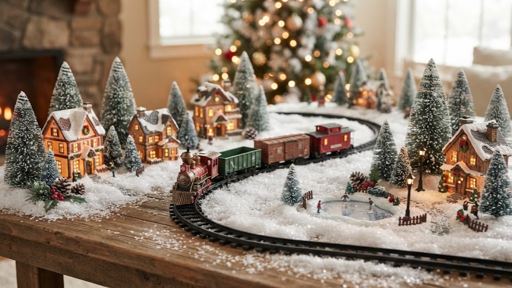 Christmas village display toy train winding through snowy houses and bottle brush trees