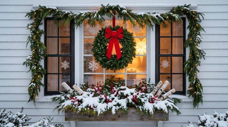 Christmas Window Ideas: a farmhouse window framed with lit garland, a red bow wreath, paper snowflakes, a glowing star and a snowy window box