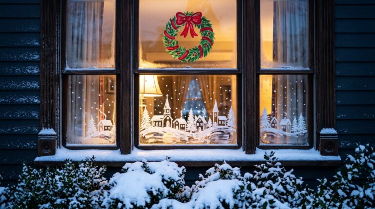 Christmas Window Painting of a white snowy village and a red and green wreath glowing at dusk
