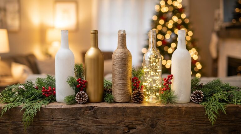 Christmas wine bottle crafts on a mantel: frosted, gold, twine wrapped and fairy light bottles with pine