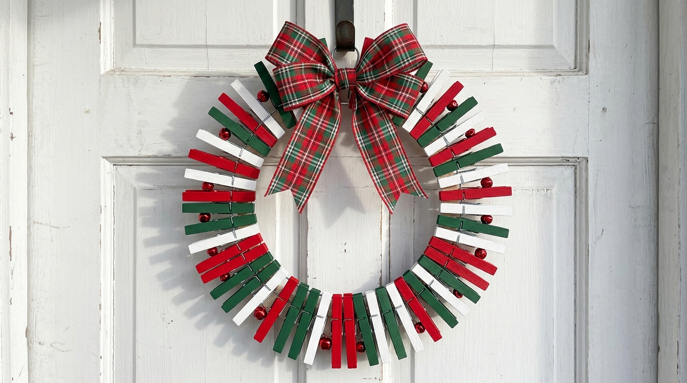 Painted clothespin Christmas wreath with a plaid bow