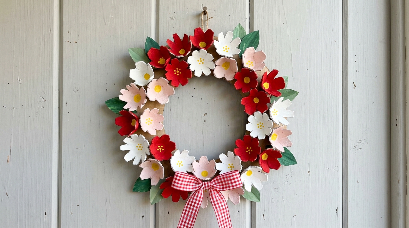 Egg carton flower Christmas wreath with a gingham bow