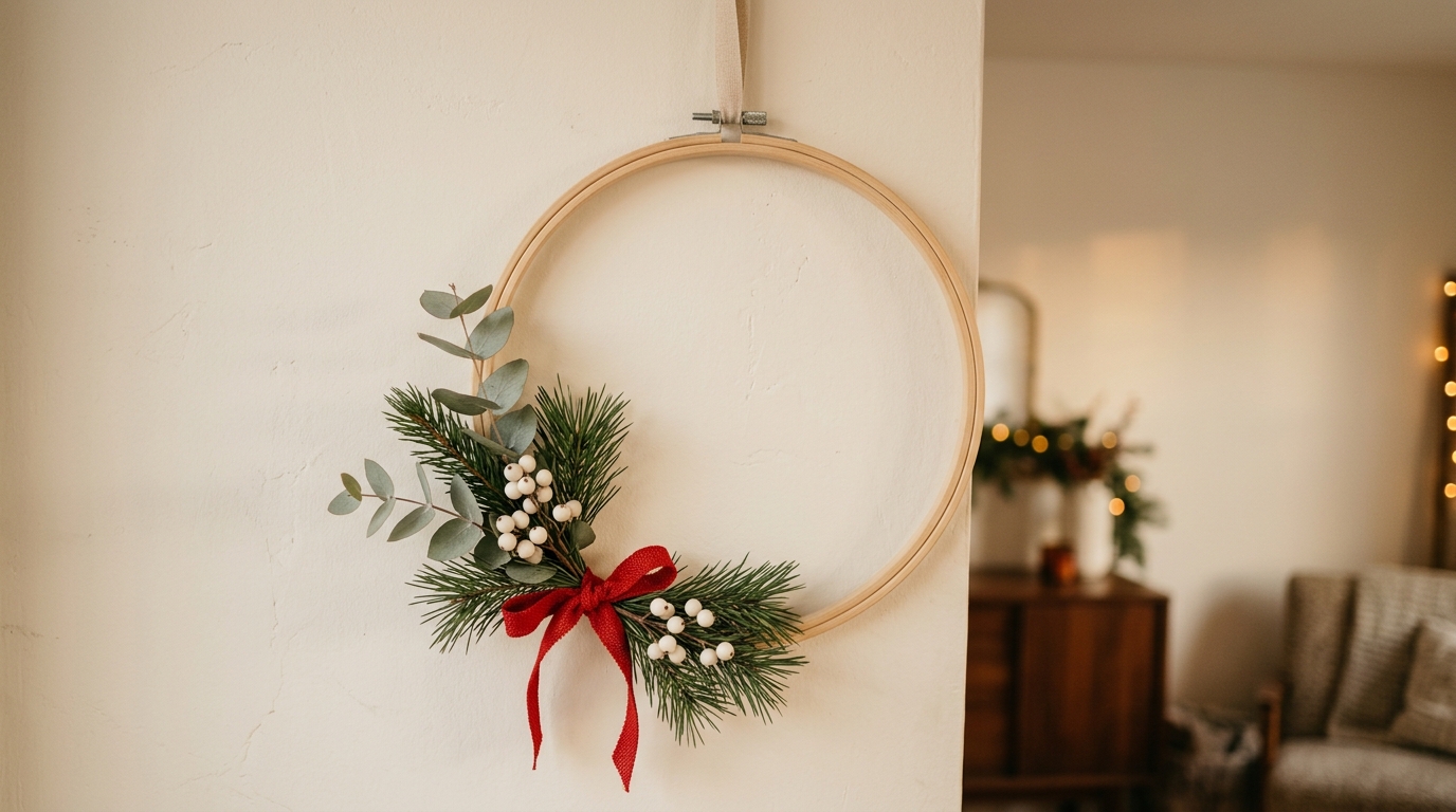 Embroidery hoop Christmas wreath with eucalyptus and pine