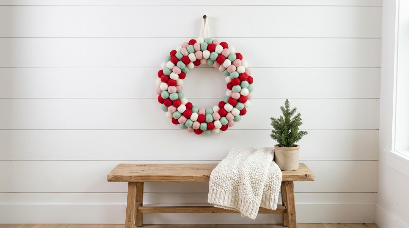 Felt ball Christmas wreath on a white shiplap wall