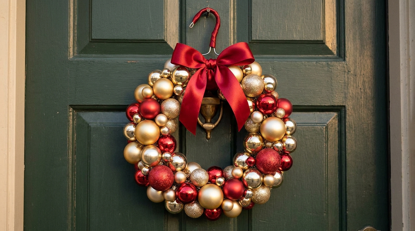 Coat hanger ornament wreath in red and gold on a green door