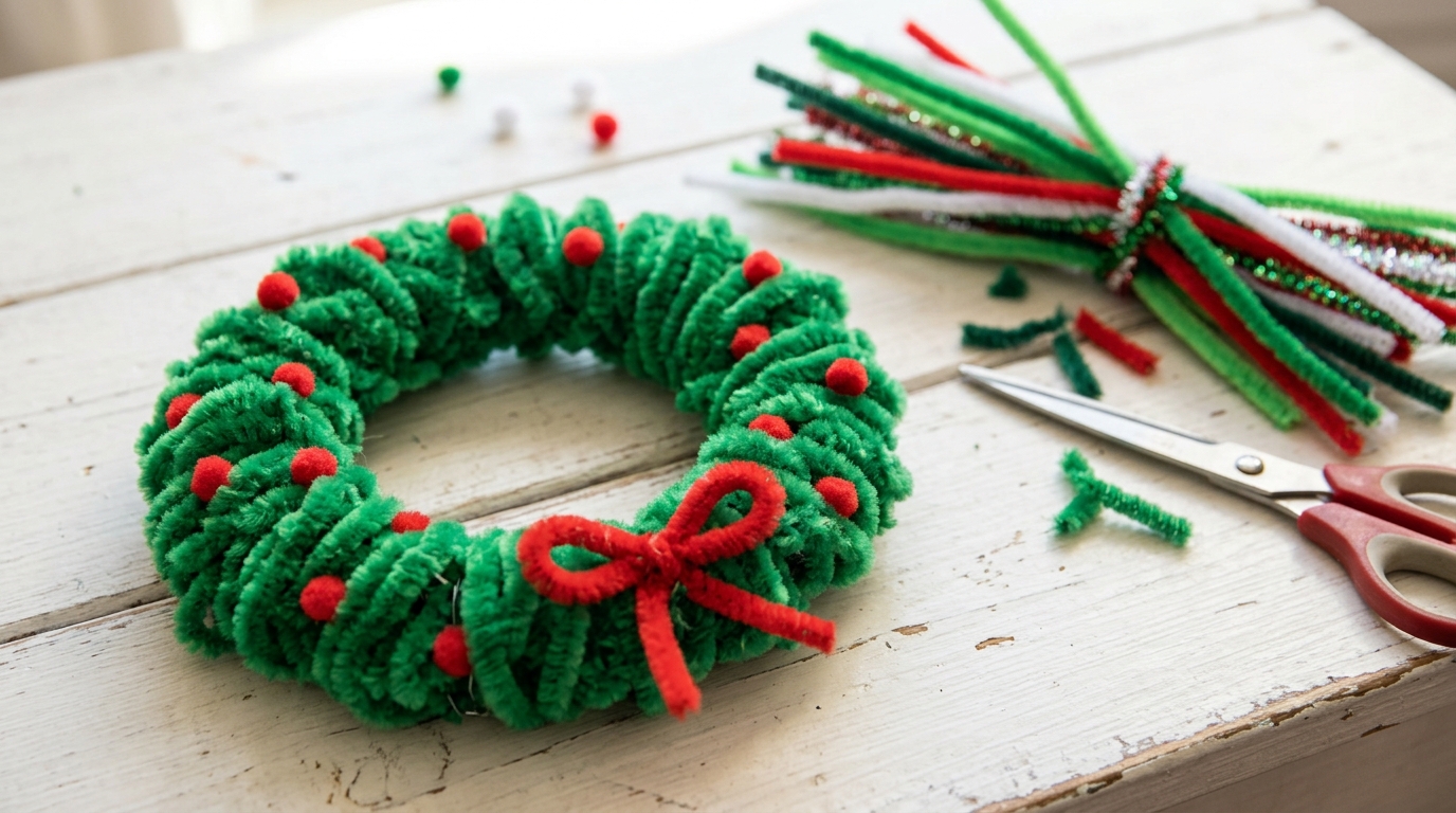 Fluffy green pipe cleaner Christmas wreath with red pom-pom berries