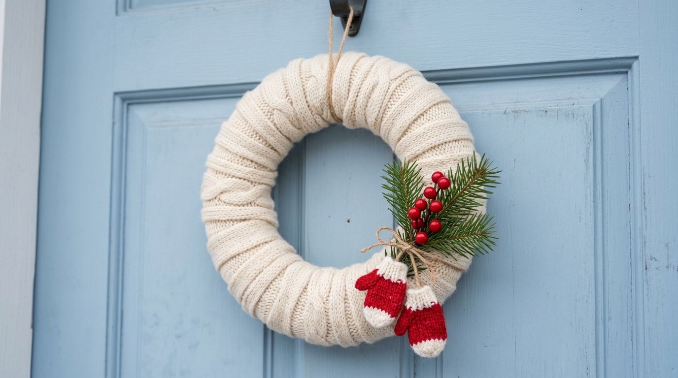 Cream sweater Christmas wreath with tiny mittens on a blue door