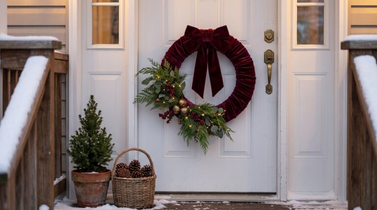 Christmas wreaths made from a pool noodle wrapped in burgundy velvet on a white front door