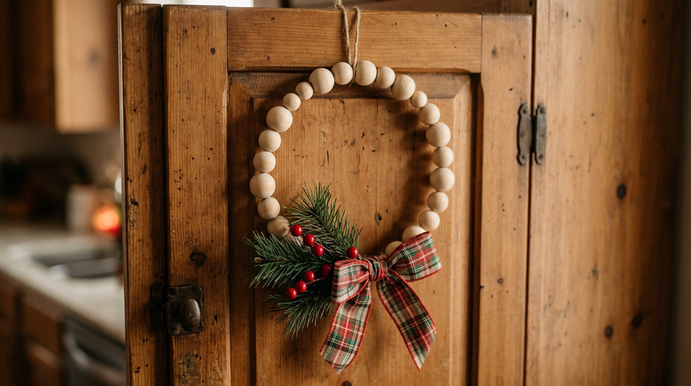 Wood bead Christmas wreath with a plaid bow on a cabinet door
