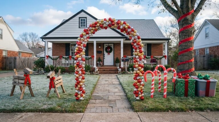 Christmas yard decorations with a giant ornament arch, pallet reindeer and pool noodle candy canes on a front lawn