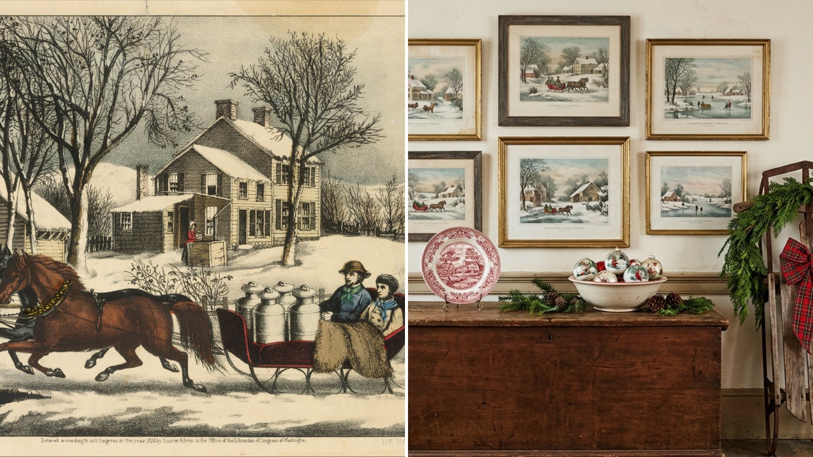 Currier and Ives Christmas cover: an 1873 winter sleigh print on the left and a vintage room with framed winter prints, a red transferware plate and an old sled on the right