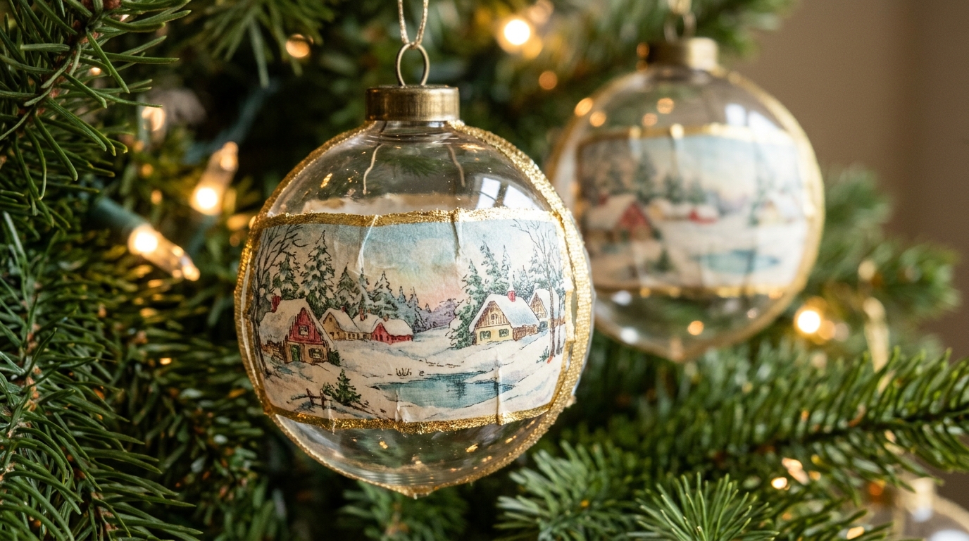 Currier and Ives Christmas style glass ornaments decoupaged with snowy village scenes