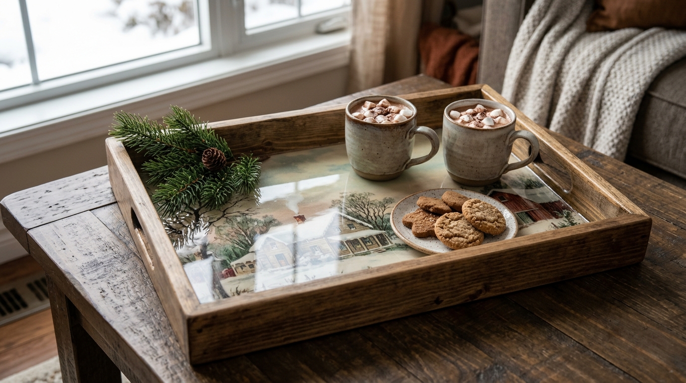 Currier and Ives Christmas inspired tray decoupaged with a snowy farmhouse print holding cocoa