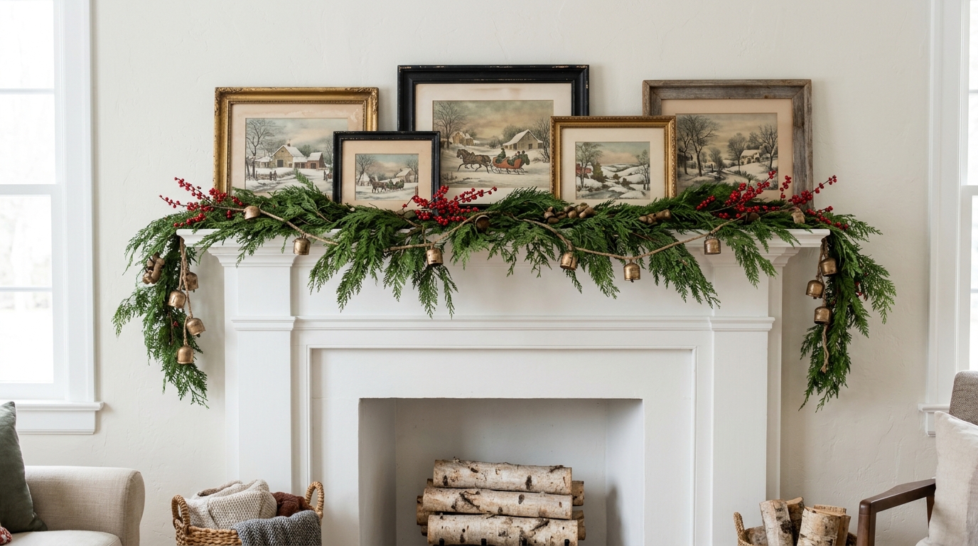 Currier and Ives Christmas mantel with thrifted frames holding winter prints and a cedar garland