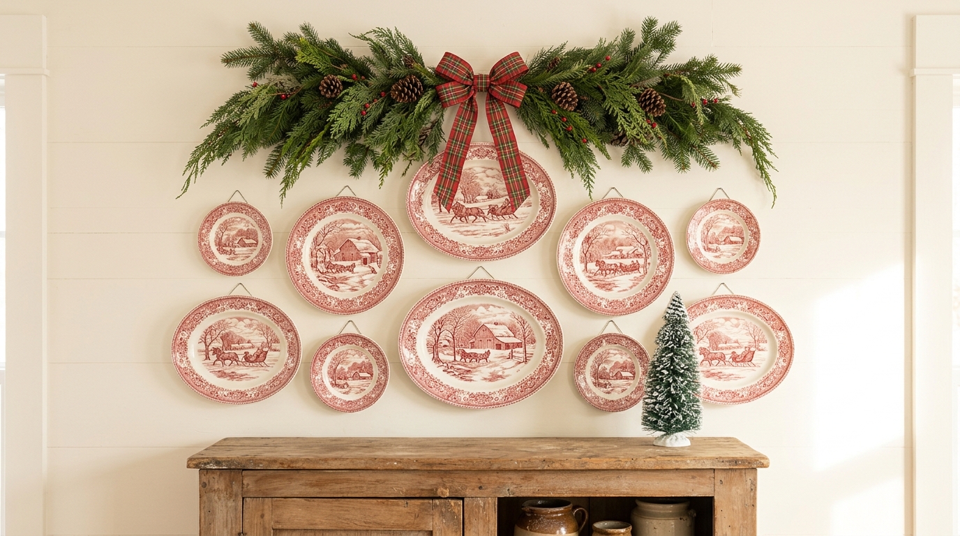 Red and white transferware plates hung on a wall under an evergreen swag
