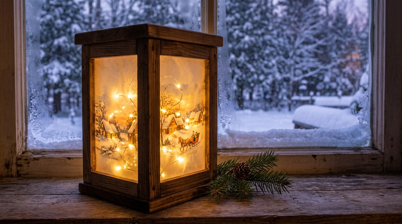 Wooden lantern with winter print panels glowing from battery fairy lights on a snowy windowsill