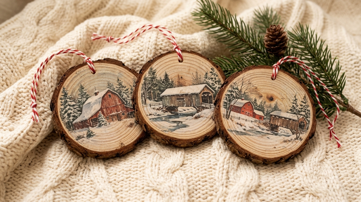 Wood slice ornaments with vintage snowy barn and covered bridge transfers on a knit blanket