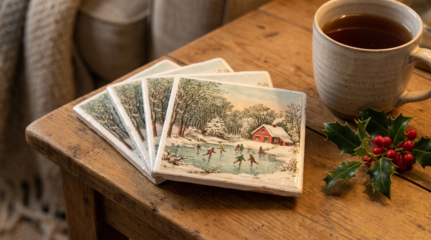 Tile coasters decoupaged with a frozen pond skating scene beside a cup of tea