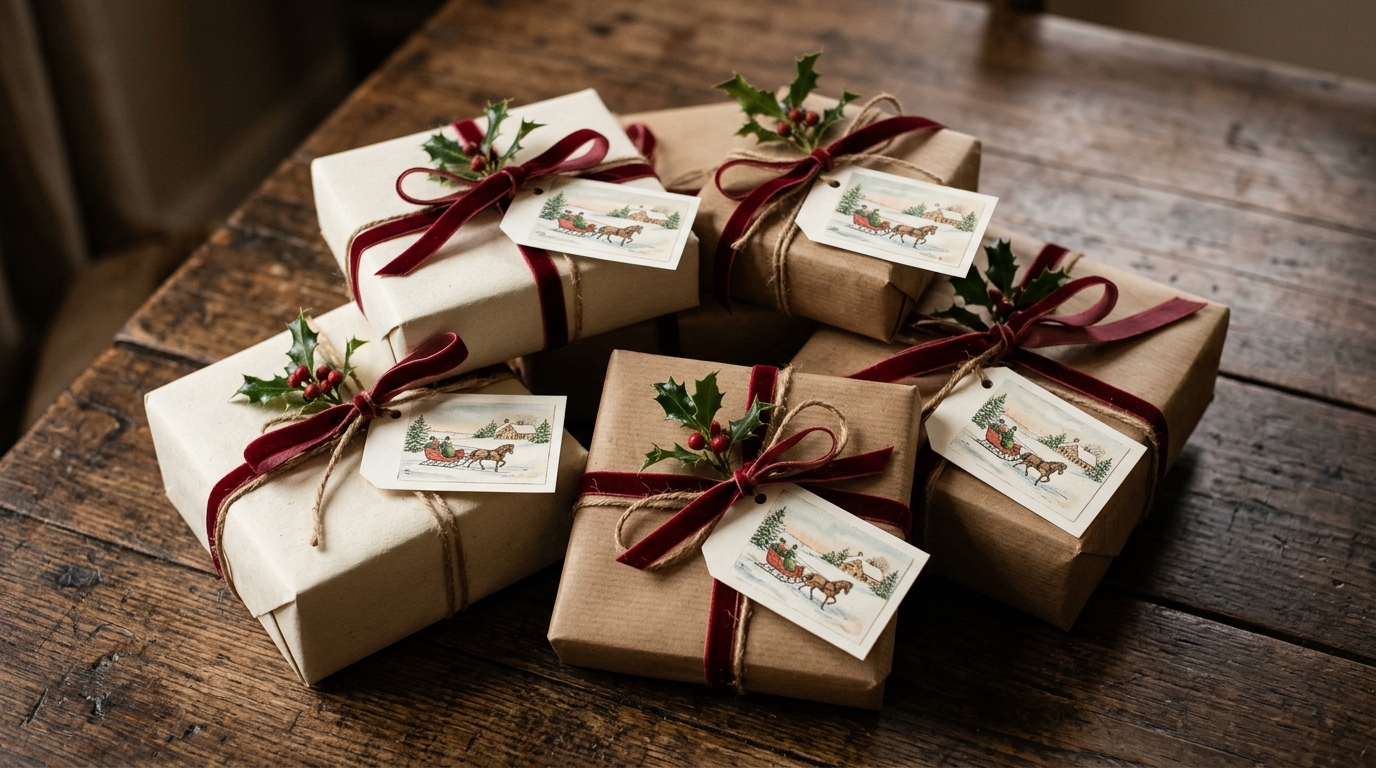 Kraft and cream wrapped gifts with sleigh scene gift tags and burgundy ribbon