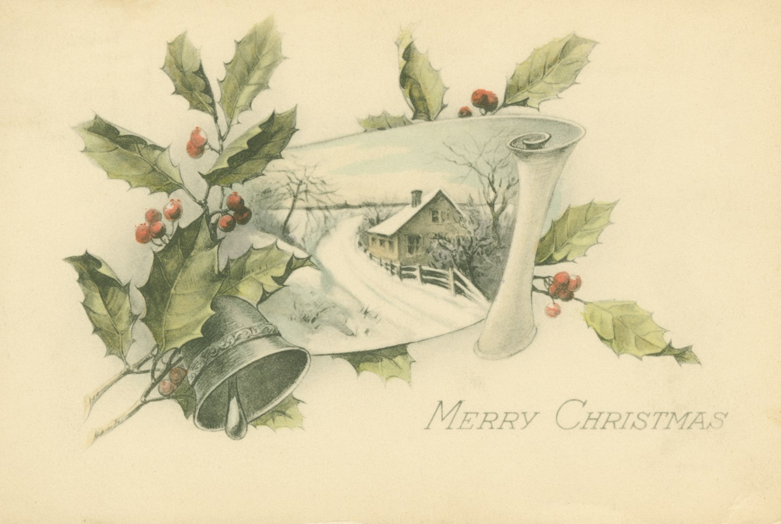 Antique Christmas card with holly and a snowy landscape from an old library collection, perfect for Currier and Ives Christmas decor