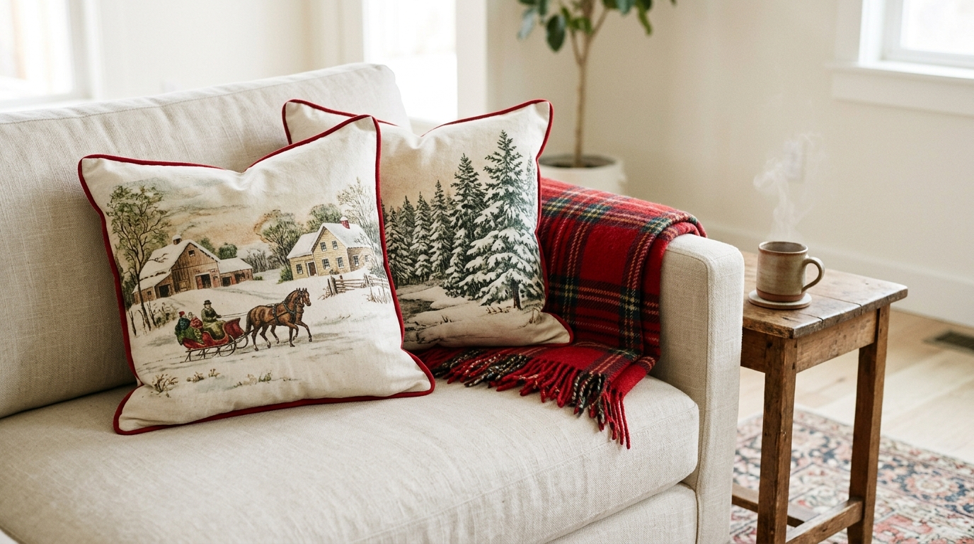 Currier and Ives Christmas look with winter scene pillows on a cream sofa