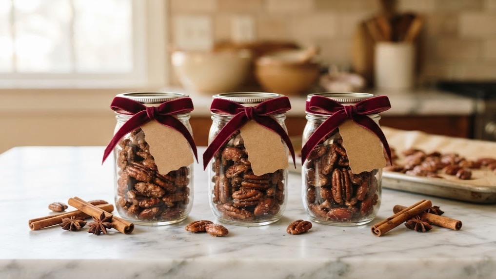 Christmas gifts in a jar filled with cinnamon spiced pecans and velvet ribbon