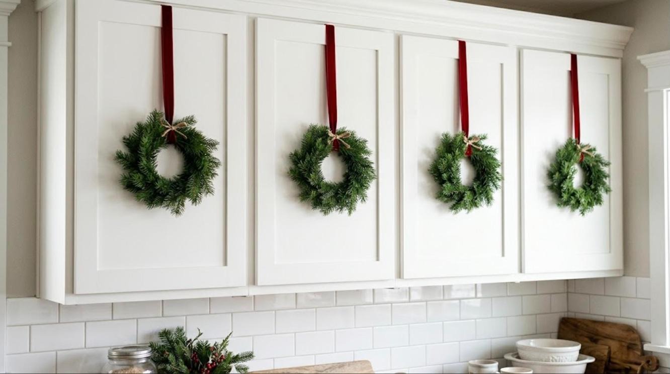 Mini green wreaths hung with red ribbon on white kitchen cabinet doors