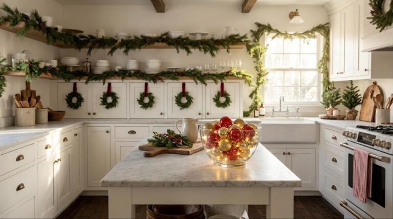 Christmas kitchen decor in a white farmhouse kitchen with pine garland, mini wreaths and a bowl of ornaments