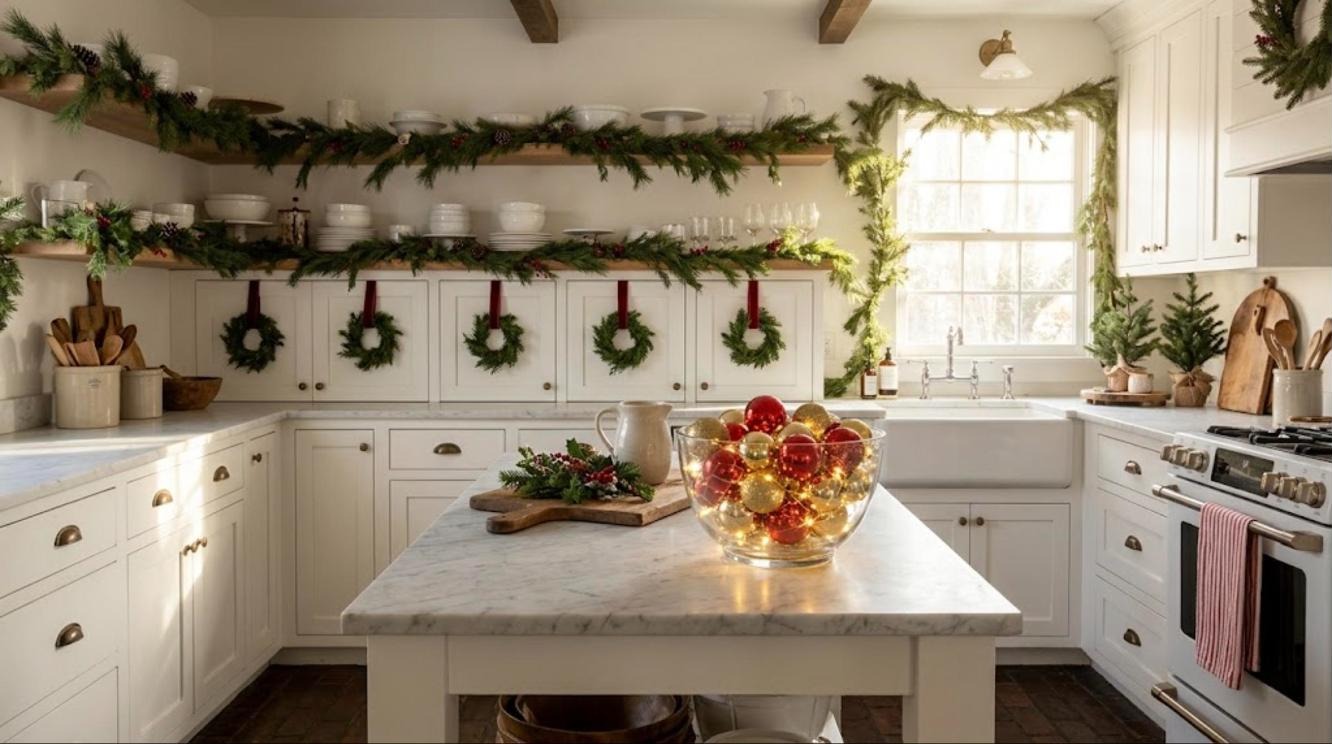 Christmas kitchen decor in a white farmhouse kitchen with pine garland, mini wreaths and a bowl of ornaments
