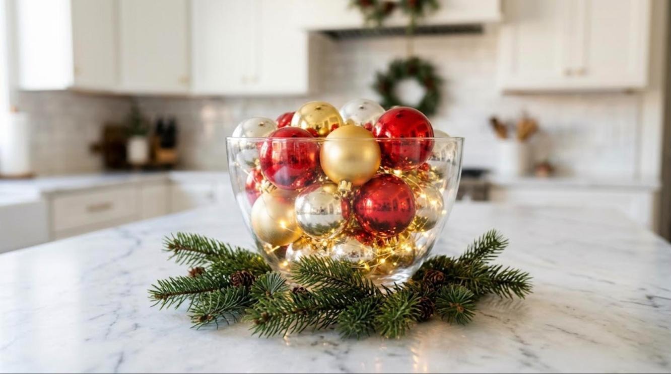 Christmas kitchen decor idea: a glass bowl of red and gold ornaments with fairy lights on a marble island