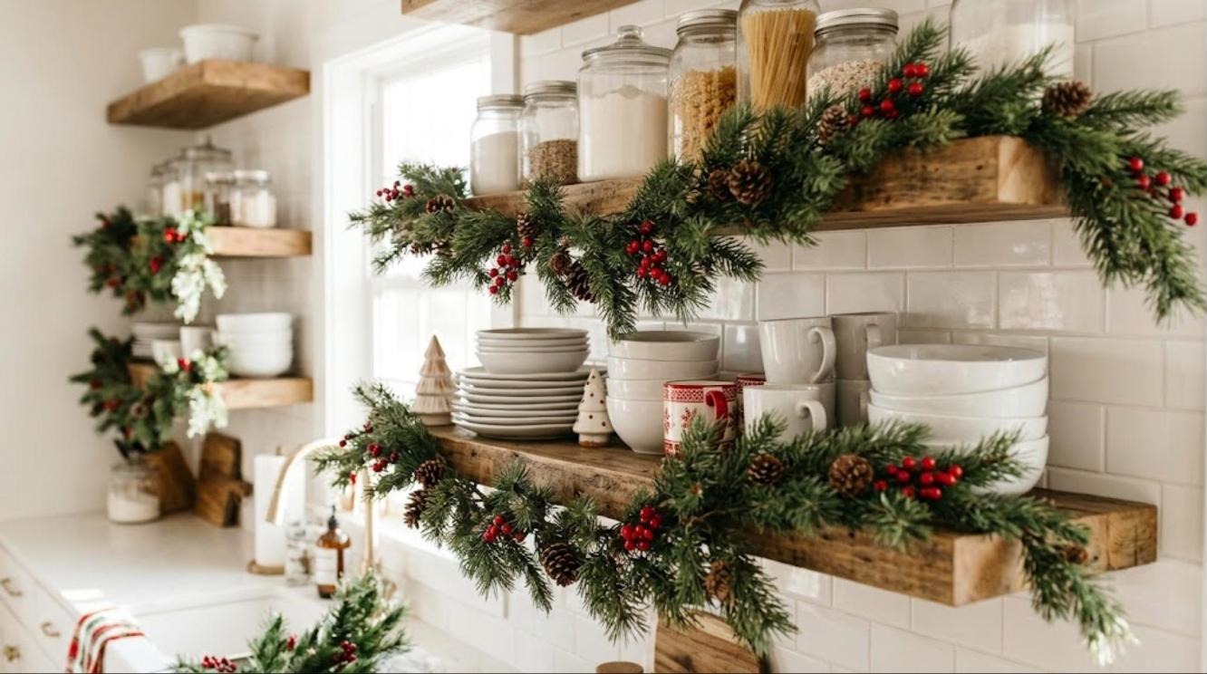 Christmas kitchen decor with pine garland and red berries draped along open wooden shelves