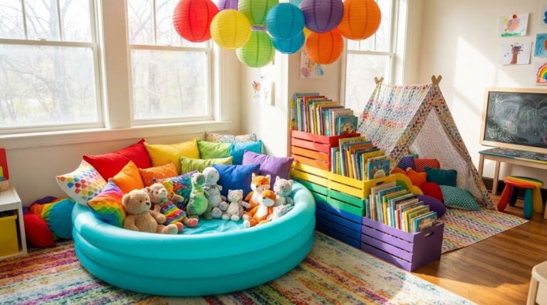 Classroom DIY ideas: kiddie pool reading nook with rainbow pillows, crate book bins and paper lanterns