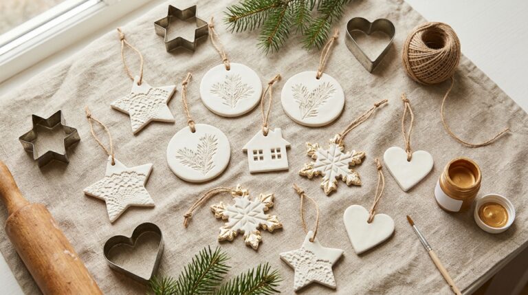 Clay Christmas Ornaments in white and gold laid out on linen with twine, pine and a rolling pin